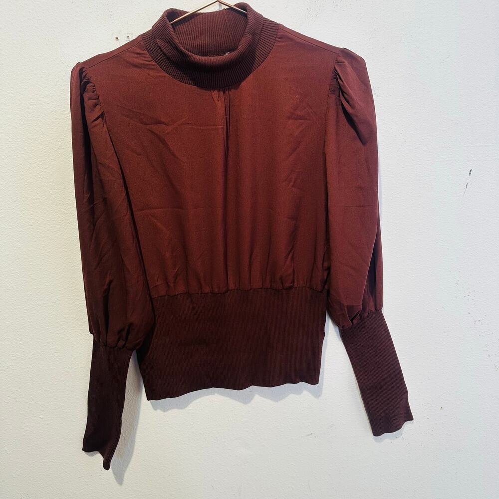 FRENCH CONNECTION Brown Bitter Chocolate Krista Knit Trim Turtleneck Top Small - Picture 2 of 9